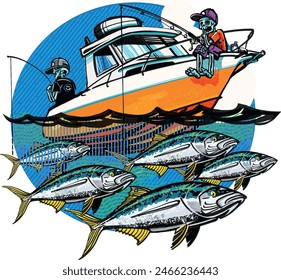 cartoon style fishing boat in the ocean with skull fishermen and big fish under waves