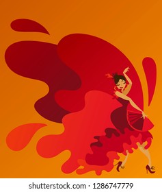 Cartoon style flamenco dancer, red and yellow colors, vector illustration