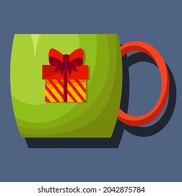 Cartoon style. Flat design. Isolated. A set of mugs with Christmas drawings. Festive, Christmas mugs. Cute green mug, on a gray background, with a Christmas decoration.