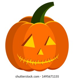 Cartoon style flat design orange color carved pumpkin halloween icon - jack lantern with light inside isolated on white background. Vector simple vegetable illustration for halloween party.
