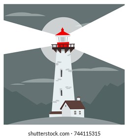 Cartoon Style Flat Lighthouse. White, Red Color. Little House. Path Lighting. Vector Illustration