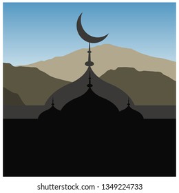 cartoon style flat mosque with mountain background