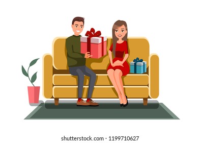 Cartoon style, flat vector illustration of smiling young man and woman with presents. Happy couple in love. Vector interior. Vector furniture. A man gives a gift to a woman. Happy husband and wife. 