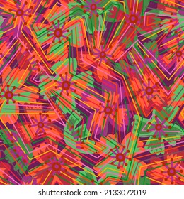 Cartoon style floral seamless pattern. Ditsy botanical background made of wildflowers overlay on broken lines background. Summer motif with decorative meadow flower buds and abstract geometric texture