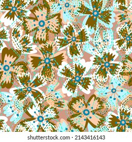 Cartoon style floral seamless pattern. Ditsy botanical background made of wildflowers overlay on dashed ornament. Summer motif with decorative meadow flower buds and abstract geometric texture.