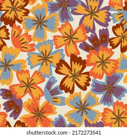 Cartoon style floral seamless pattern. Ditsy botanical background made of wildflowers. Summer motif with decorative meadow flower buds. Trendy flat illustration. Daisy texture for fabric and surface.