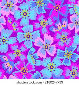Cartoon style floral seamless pattern. Ditsy botanical background made of wildflowers. Summer motif with decorative meadow flower buds. Trendy flat illustration. Daisy texture for fabric and surface.