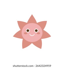A cartoon style flower with a pink color palette and a happy expression.