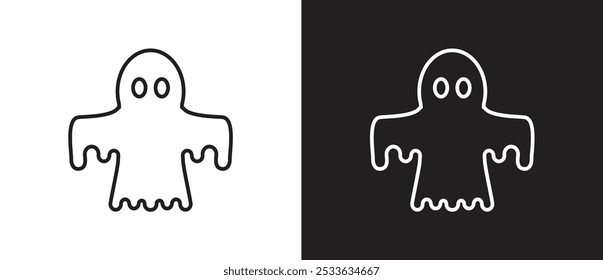 Cartoon style fly ghost icon. Icon of ghost characters with outlined style, Halloween ghost icon, October party scary clipart, Ghost vector illustration in black and white background. Editable stroke