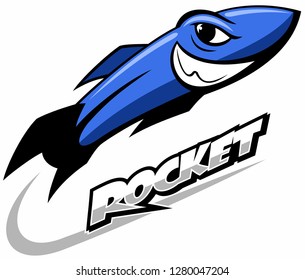 Cartoon style flying rocket, space ship vector logo concept isolated on white background.