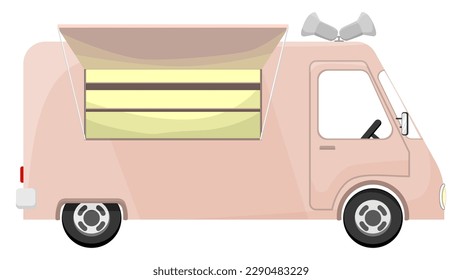 Cartoon style food truck with open window for selling isolated on white background. Car vector clipart.