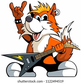 Cartoon style fox character with the electic guitar, showing rock it sign, vector cartoon character.