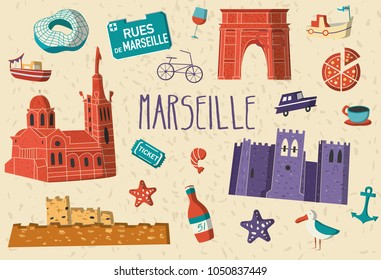 Cartoon style France Marseille sightseeing vector poster. South vacation postcard illustration attraction icon set