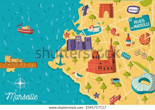 Cartoon Style France Marseille Sightseeing Vector Stock Vector (Royalty ...