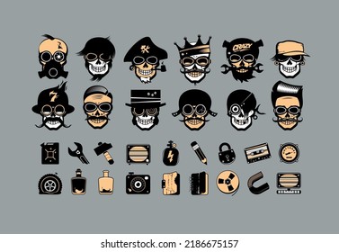 Cartoon style freak personages stickers, symbols and icons vector collection, suitable for logotypes and tee prints
