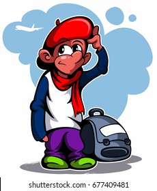 Cartoon style french boy with the bag and beret, vector image.