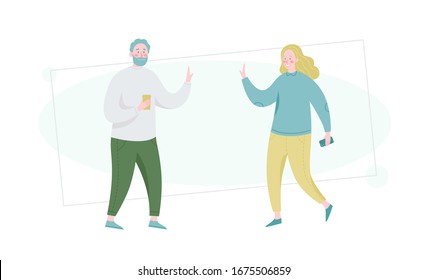 Cartoon style friendly handshake composition with smilling man and woman. Vector illustration.