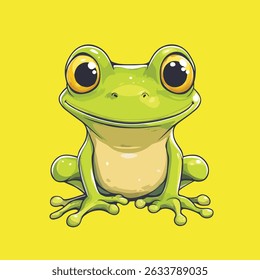 A cartoon style frog with bright green skin, large black and yellow eyes, and a gentle smile, sitting upright with its legs tucked underneath.