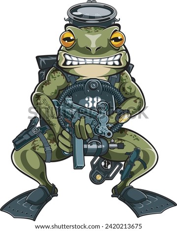 Cartoon style frog combat diver holding submachine gun