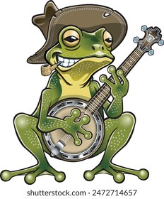 Cartoon style frog with hat and corn pipe playing on a banjo