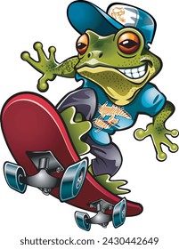 Cartoon style frog wearing baseballcap skateboarding 