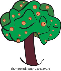 cartoon style fruit tree with green crown red apples