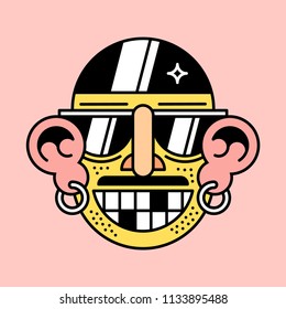 Cartoon style funky modern face, stylized portrait of man with glasses and with earrings in the ears.