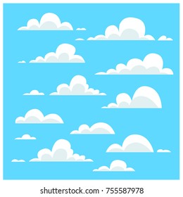 Cartoon Style Funny Clouds On A Blue Sky. Vector Illustration