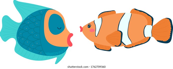 Cartoon style, funny clown fish, bold anemone, wildlife underwater, design, flat vector illustration, isolated on white. Active inhabitant of the underwater world, children s picture, print on fabric.