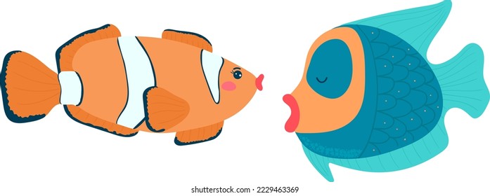 Cartoon style, funny clown fish, bold anemone, wildlife underwater, design, flat vector illustration, isolated on white.