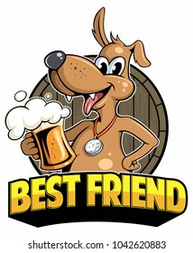 Cartoon style funny dog with beer mug and beer barrel on background, vector image.