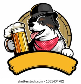 Cartoon style funny dog with the bowler hat, holding the beer mug, with the wooden beer barrel on background, cartoon style vector beer logo.