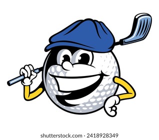 Cartoon style funny golf ball character, with the cap and golf stick. Isolated on white background.