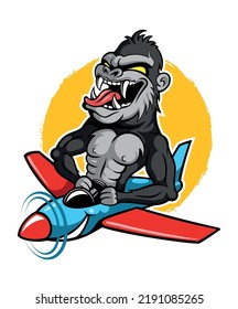 Cartoon style funny, roaring gorilla image. Gorilla pilot character flying on a plane. Mascot design concept. Isolated on white background.