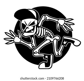 Cartoon style funny running human skeleton with the baseball cap. Isolated on white background