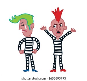 cartoon style funny sad and crying thieves wearing striped uniform. vector