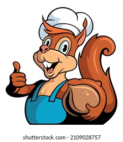 Cartoon style funny squirrel character, funny animal with the chef's hat, holding the hazelnut.