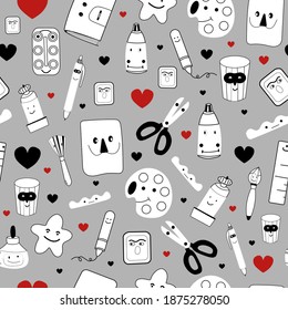 Cartoon style funny stationery seamless pattern. Black and white characters with red hearts on grey background. For wrapping paper, school bags , fabric print for children or students, notebook cover