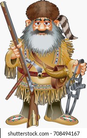 Cartoon Style Fur Hunter With Musket And Trap