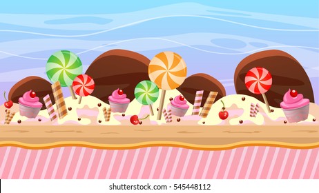 cartoon style game background in chocolate theme graphics, stage made and layered with candy, lollipop perfect for platform, runner and jumping game