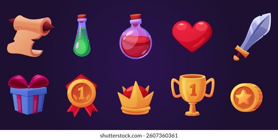 Cartoon style game item set with scroll, potion, heart, sword, gift, medal, crown, cup and coin. Suitable for game projects, digital art and creative designs as icons, symbols. Game UI