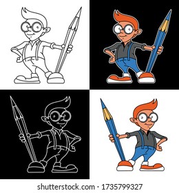 Cartoon style geek, nerd character in the glasses, holding a pencil, lineart and colorful.