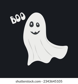 cartoon style ghost with goofy smile and lettering boo. Vector illustration