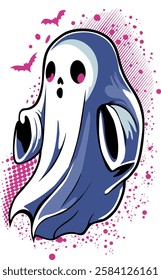 Cartoon style ghost with pink eyes and lips, conveying a playful and fun atmosphere.