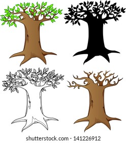cartoon style of giant mystical tree in color, silhouette, black and white version. Isolated on white