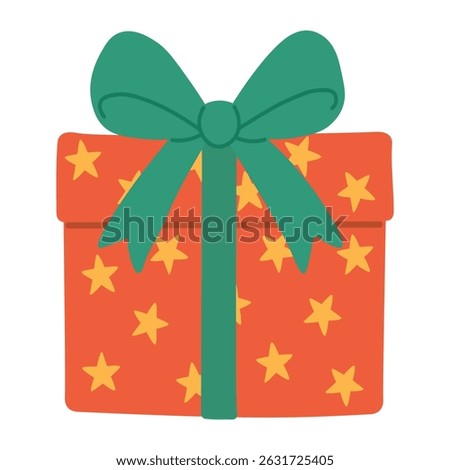 Cartoon style gift box with green ribbon and yellow stars. Flat festive vector illustration.