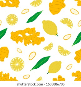 Cartoon style ginger and lemon vector seamless pattern background.