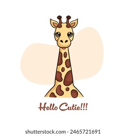 Cartoon style  Giraffe  illustration with hello cutie written. Animal nature wallpaper concept. Giraffe  isolated on plain background.