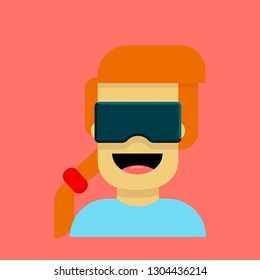 Cartoon style girl excited in virtual reality glasses. Stylish vector illustration.