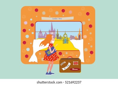 Cartoon style girl with a suitcase near the train window 